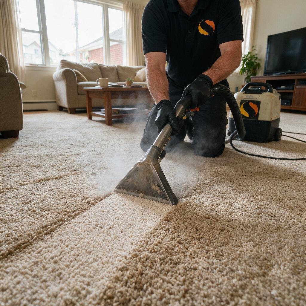 Mr. Solution technician deep-cleaning a living room carpet in Orlando