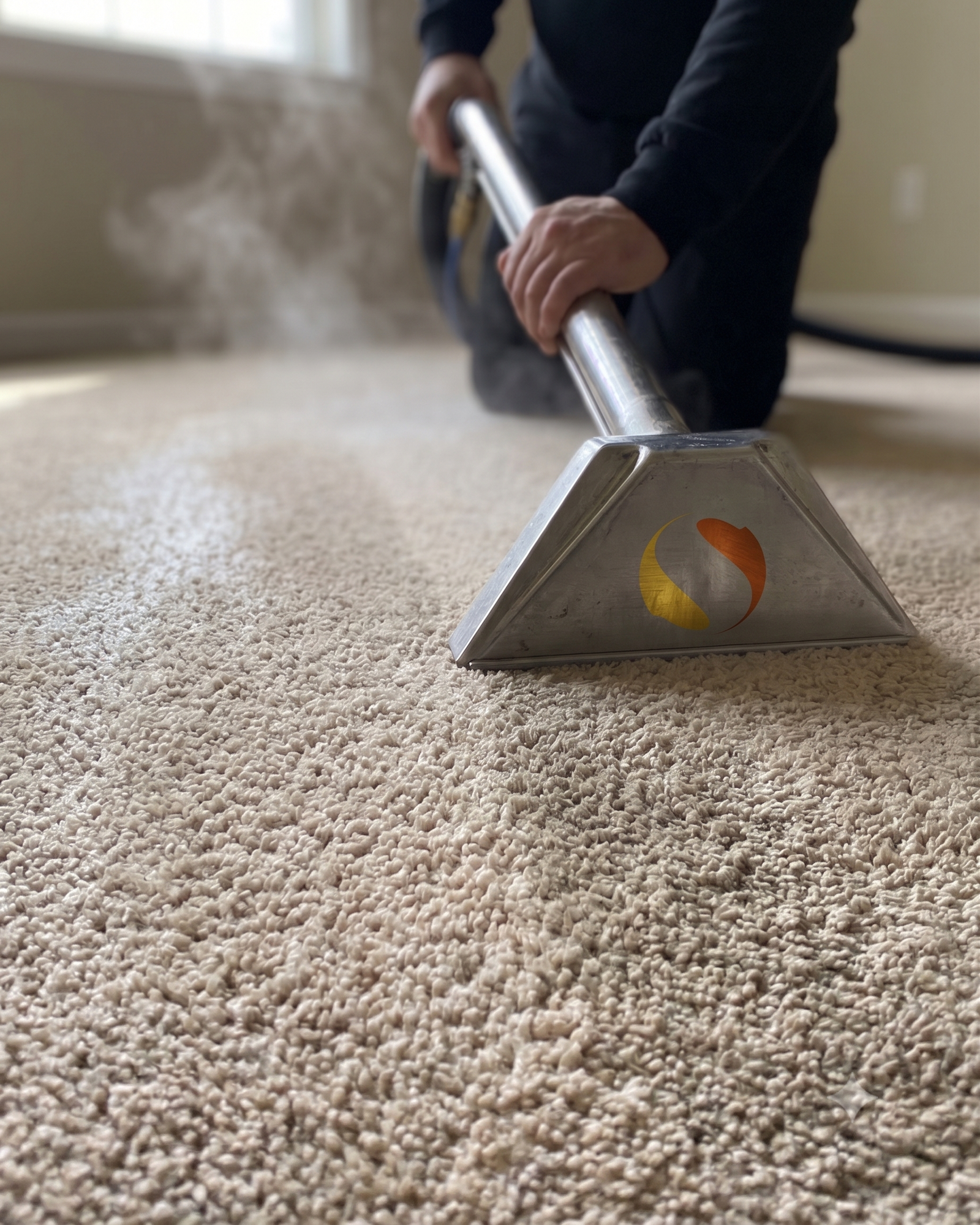 Hot-water extraction wand deep-cleaning a beige carpet