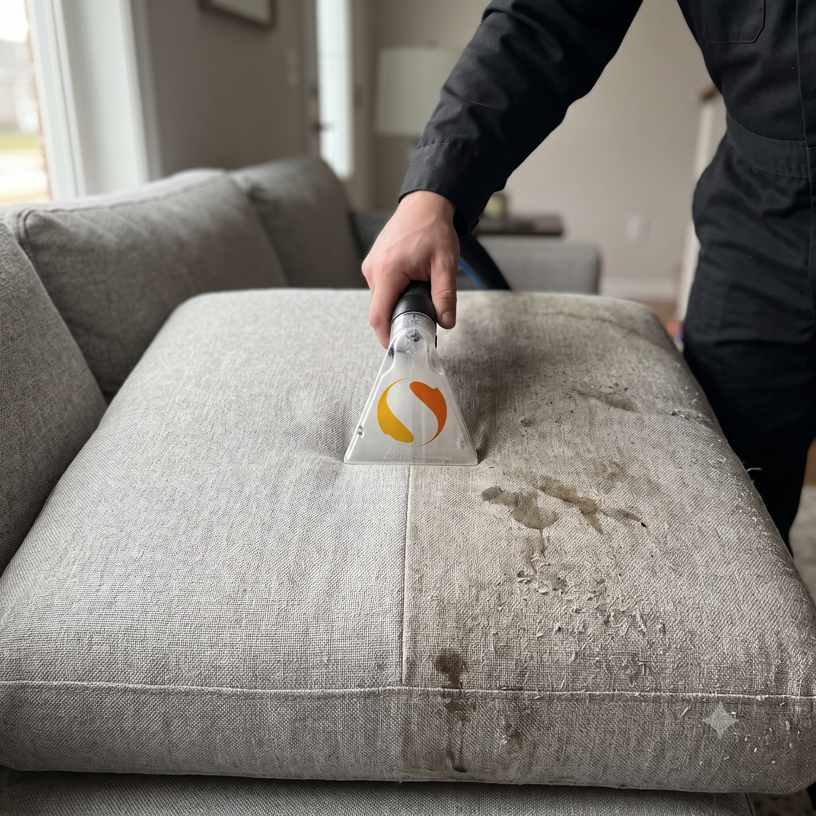 Hand tool extracting dirt from a gray sofa cushion, half clean half dirty