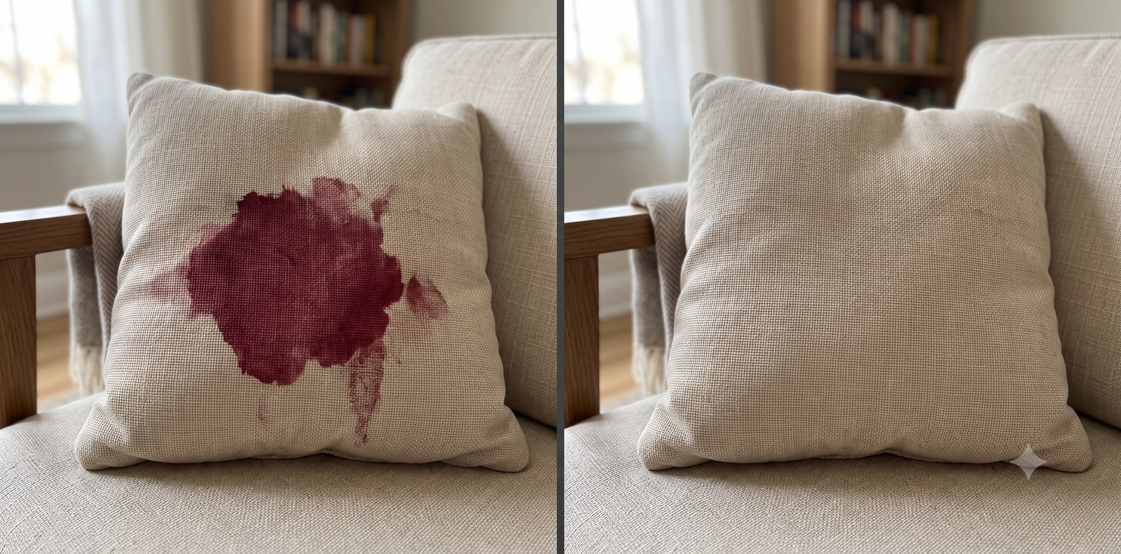 Before and after: red wine stain removed from a linen cushion